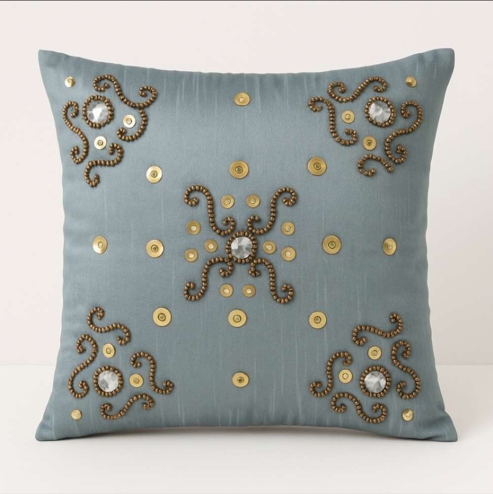 Elegant Beaded Sequin Decorative Throw Pillow – Blue Grey 16x16